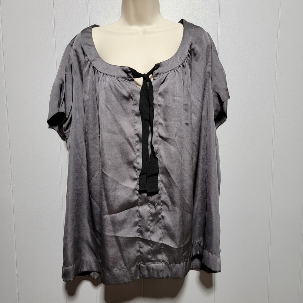 HM+ Womens Gray Satin Keyhole Tie Neck Blouse‎ Short Sleeve Plus Size 24 Top